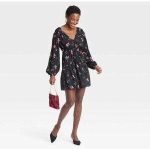 A.New Day women's balloon long sleeve dropped waist mini A-line Floral dress XL